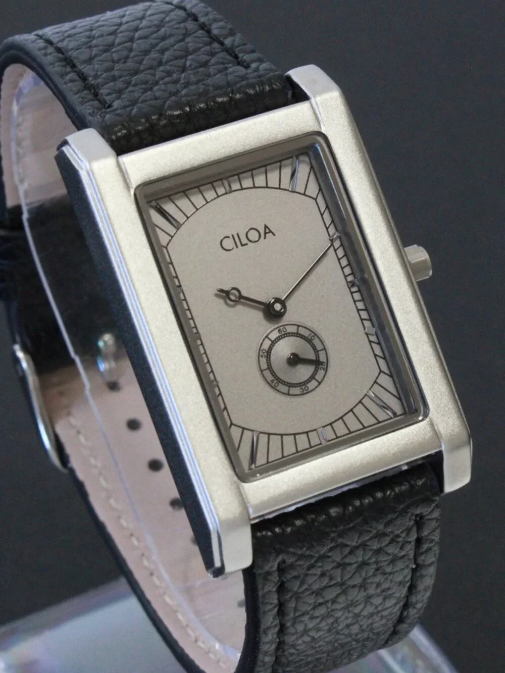 Men's Quartz Tank Style Watch Small Seconds Sub Dial Black Leather 28mm X 43mm